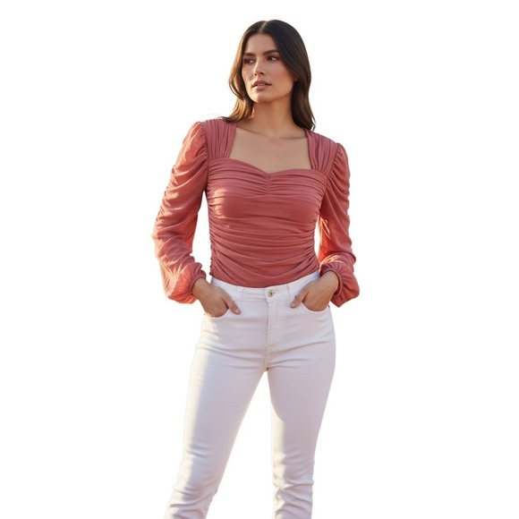 Express Tops - Express Body Contour Ruched Mesh Sweetheart Top Dark Rose Pink XS NWT